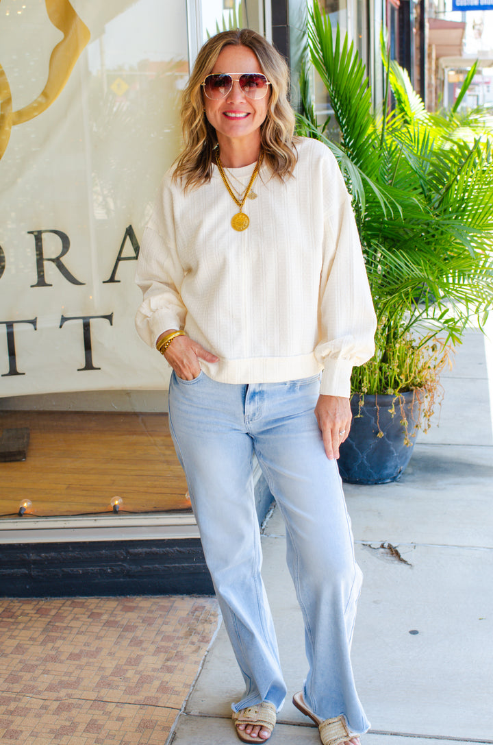 Breathless Modern Textured Boxy Long Sleeve Top in Cream