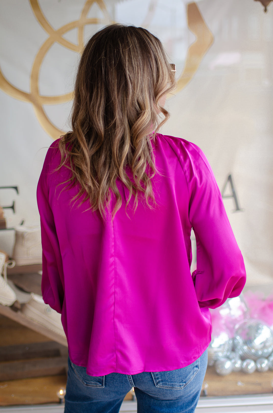 Date Night Ruffled High Neck Silky Blouse in Magenta