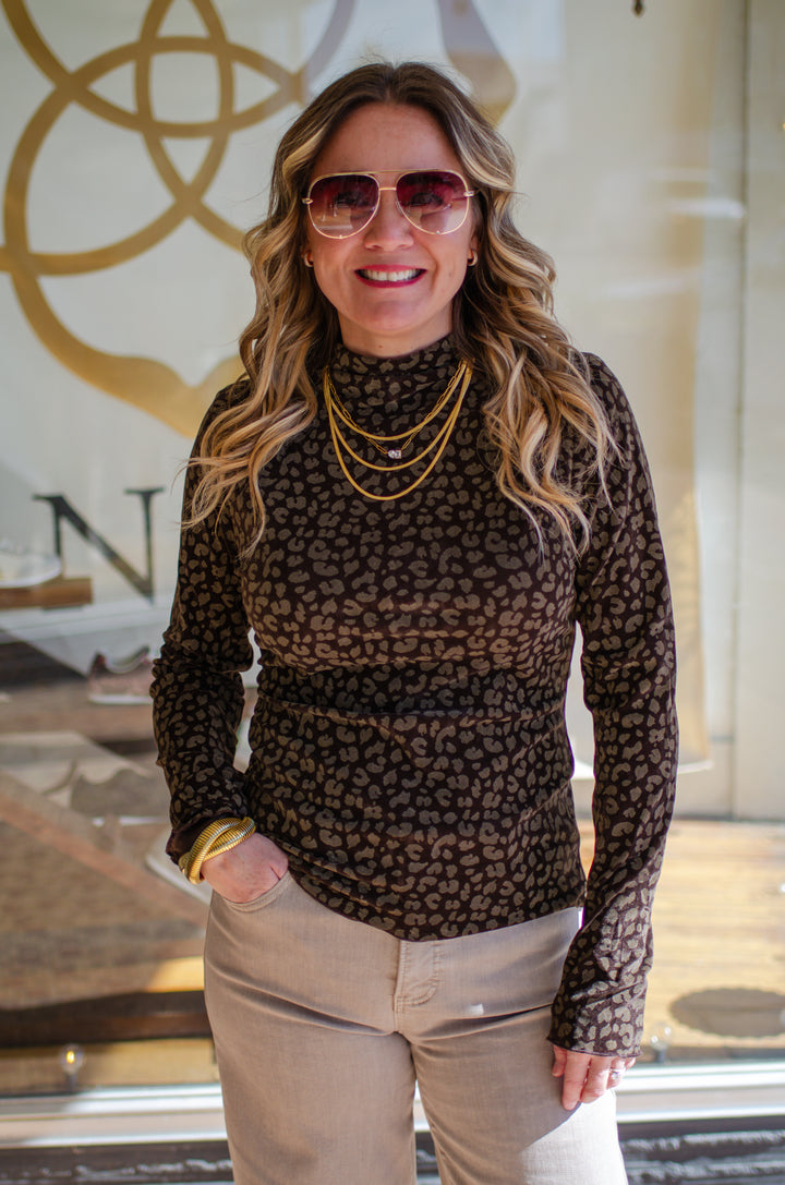Winter Leopard Fitted Long Sleeve Mock Neck Top in Chocolate