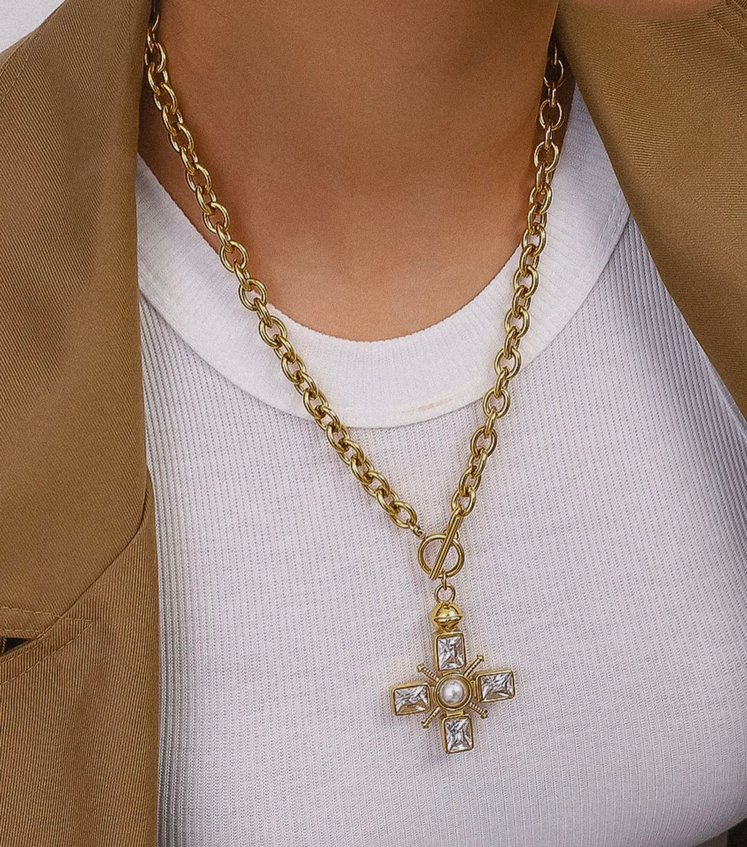 Jaqueline 18K Gold Plated Water & Tarnish Resistant Crystal & Pearl Cross Necklace
