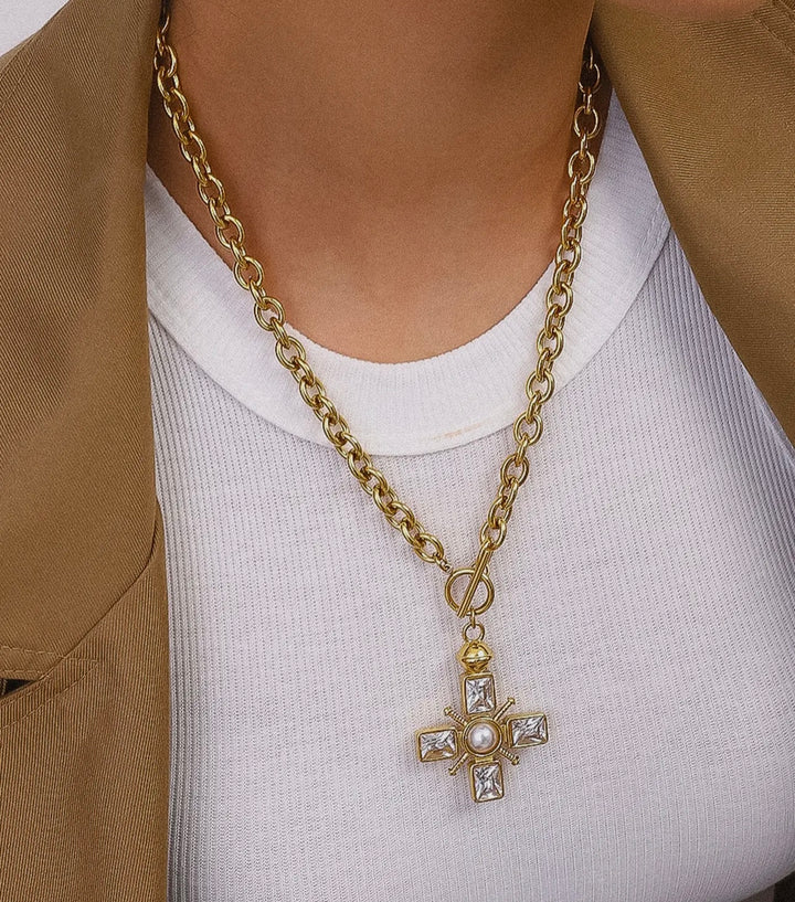 Jaqueline 18K Gold Plated Water & Tarnish Resistant Crystal & Pearl Cross Necklace