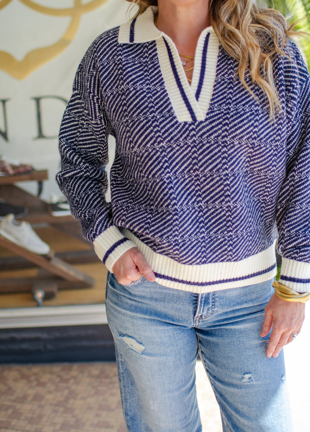 Take Heart Navy Geometric Rugby Sweater