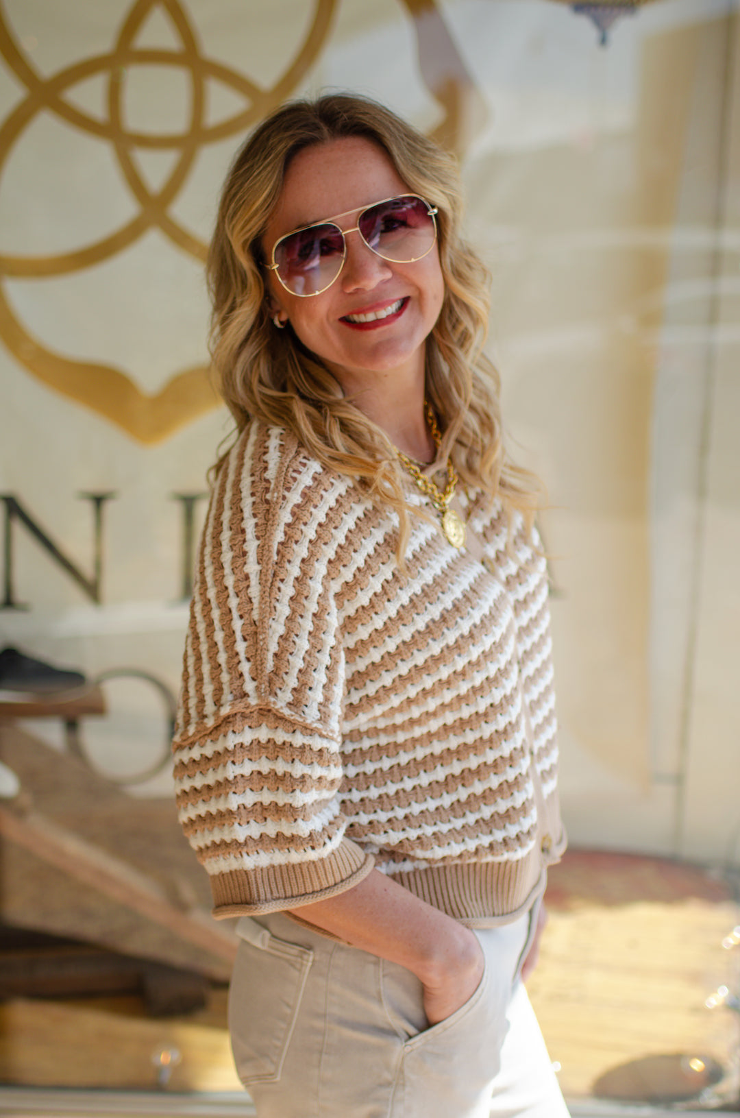 Turn Back Time Crochet Knit Cream & Tan Button Down Top