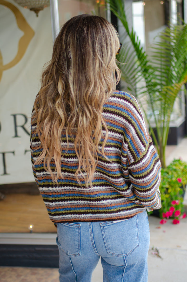 Vintage Feel Multicolor Stripe Long Sleeve Pullover Sweater