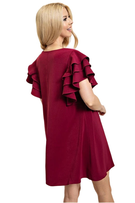 In Your Love V-Neck Ruffled Sleeve Shift Dress in Wine