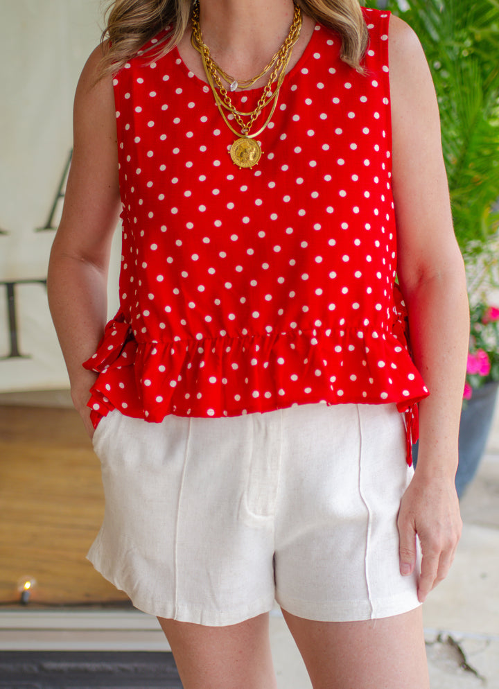 Spot On Red Polka Dot Ruffle Hem Bow Side Tank