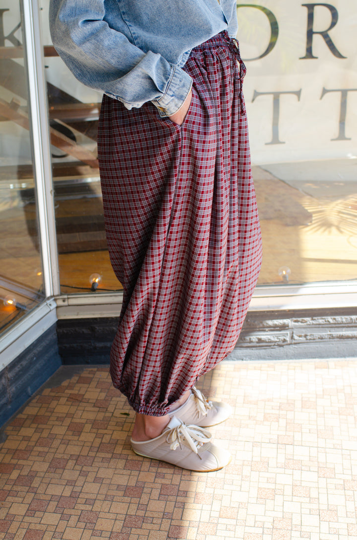 Plaid Boho Balloon Pant in Burgundy Mix
