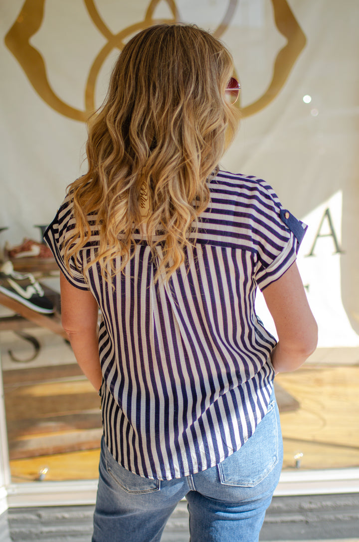 Make Your Way Navy Stripe Button Down Top