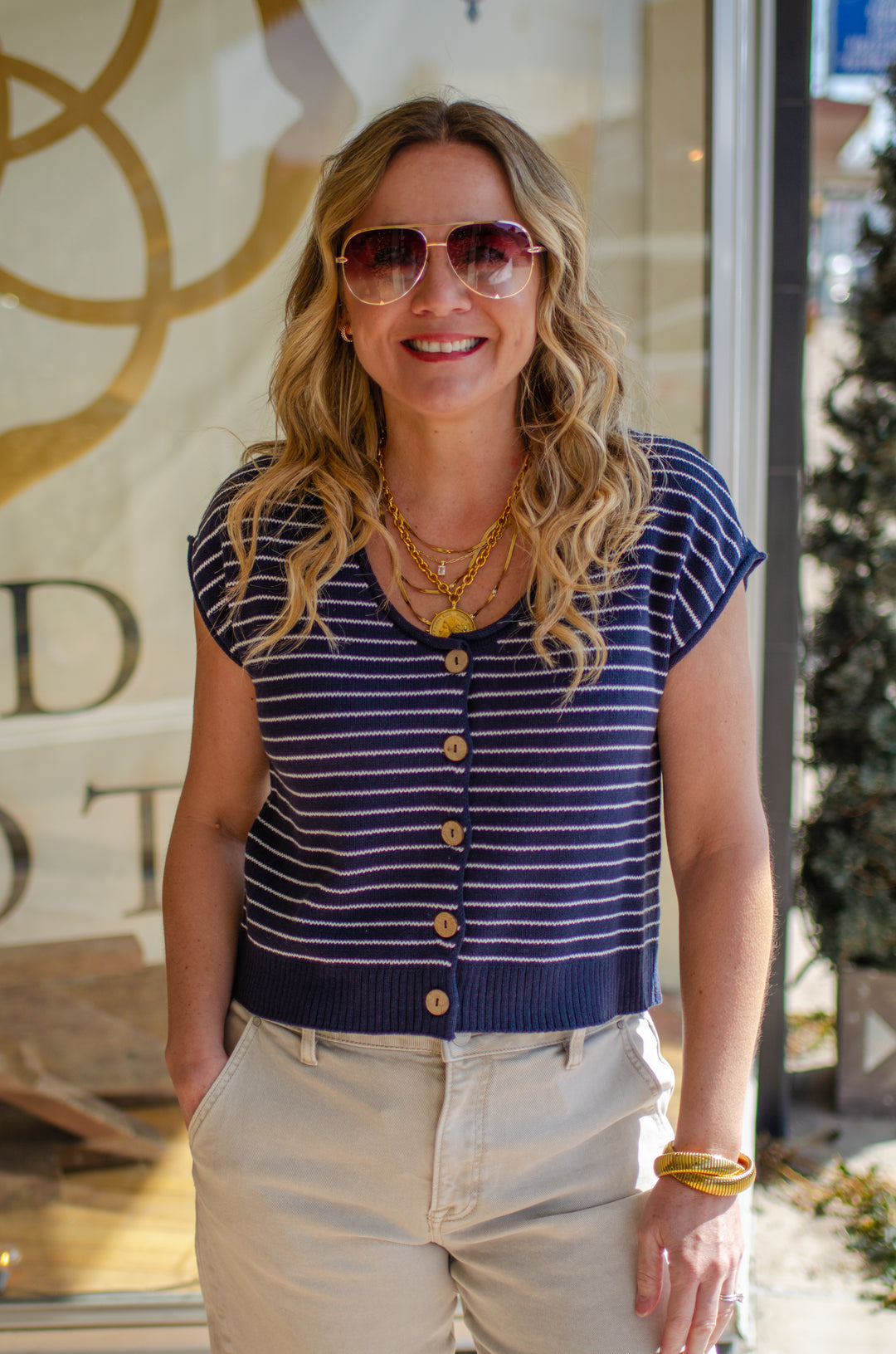 Coastal Moment Knit Stripe Button Down Top in Navy