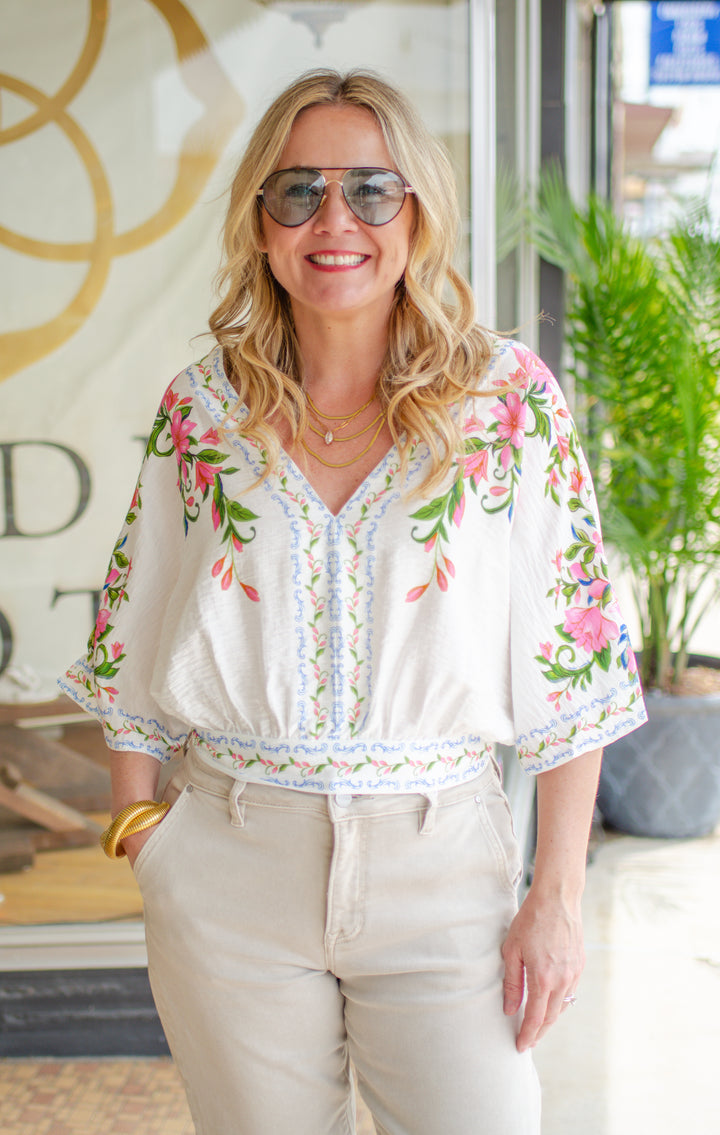 Amalfi Coast Floral Printed Kimono Sleeve Top in Pink