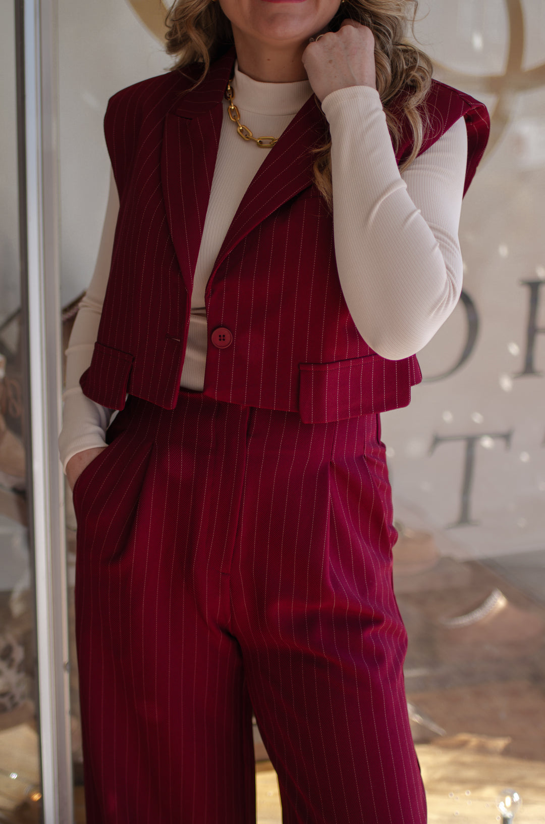 Your The One Padded Shoulder Vest with Pockets in Burgundy & White Pinstripe