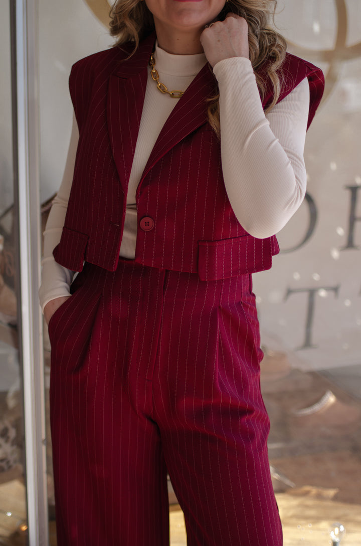 Your The One Padded Shoulder Vest with Pockets in Burgundy & White Pinstripe