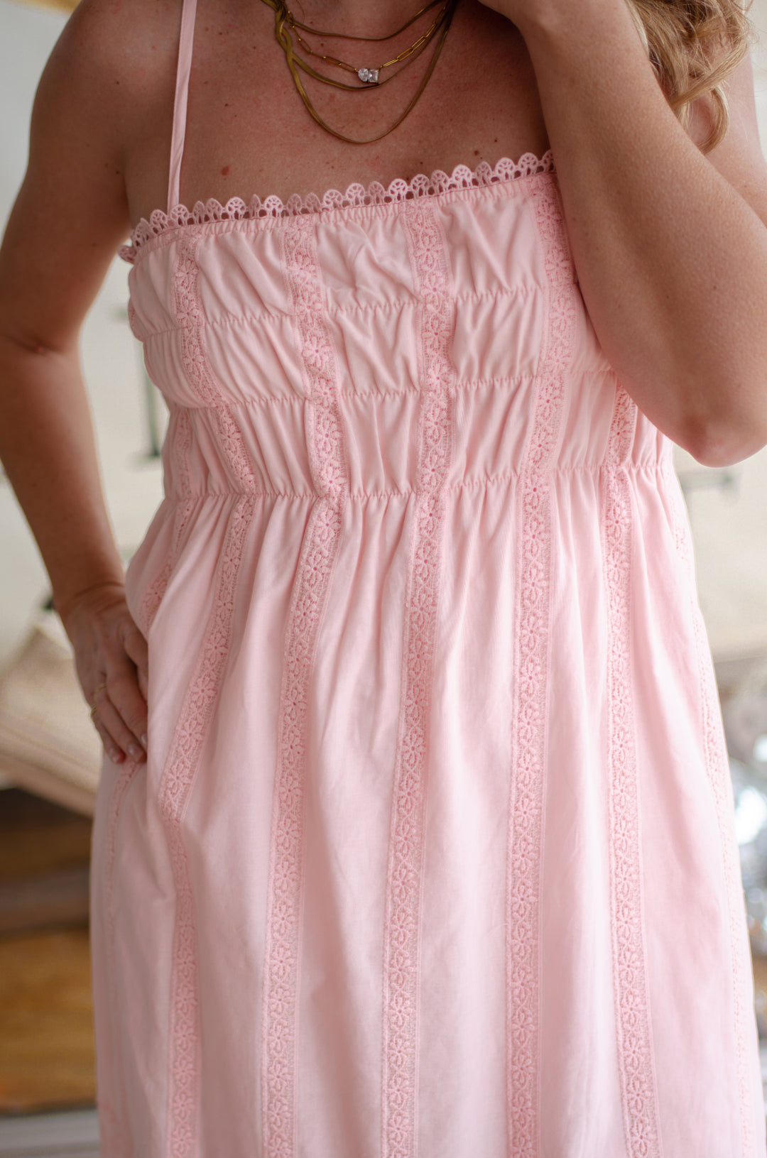 Darling Eyelet Hem Lightweight Smocked Top Dress in Blush