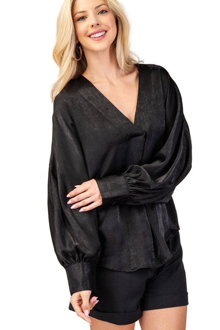 One True Love V-Neck Silky Long Sleeve Top in Black