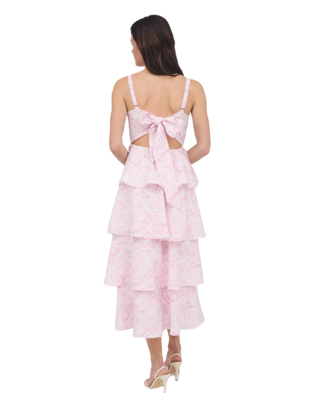 Perfectly Poised Ruffle Bow Back Midi Dress in Pink Toile