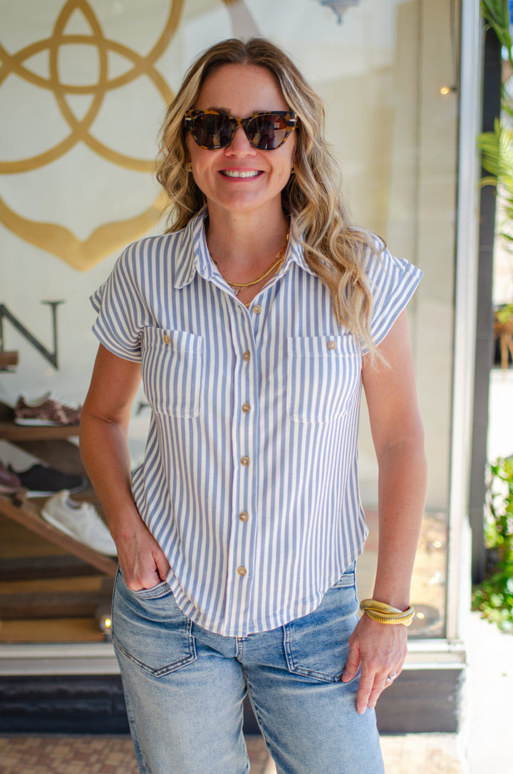 Perfect Stripe Button Down Soft Knit Top in Blue