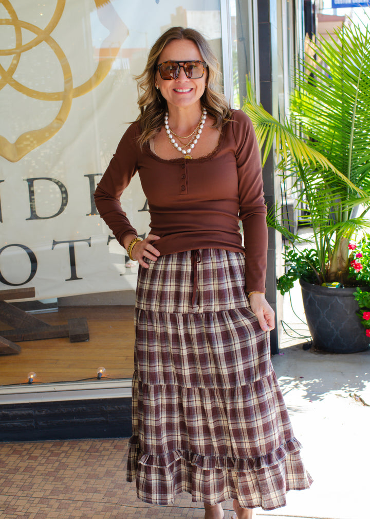 Fall Plaid Tiered Skirt in Chocolate Mix