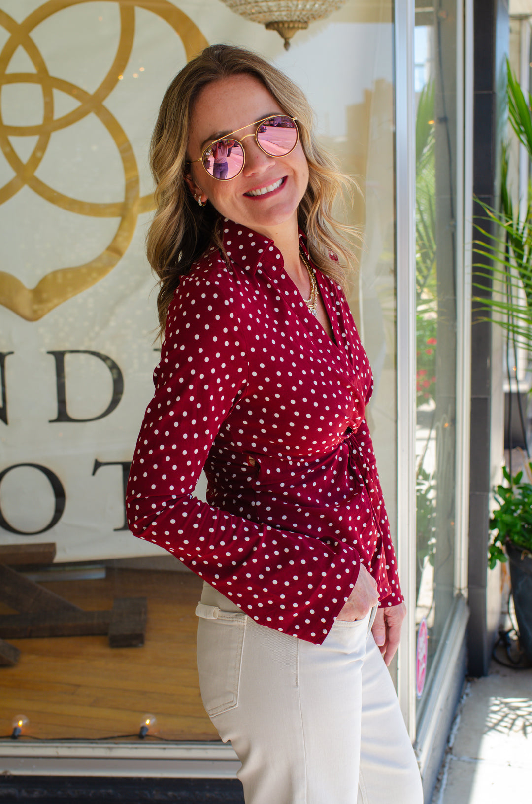 Plot Twist Polka Dot Fitted Knot Top in Burgundy & Off White