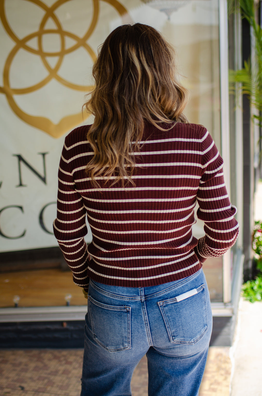 Love Story Ribbed Stripe Fitted Mock Neck Top in Chocolate Brown