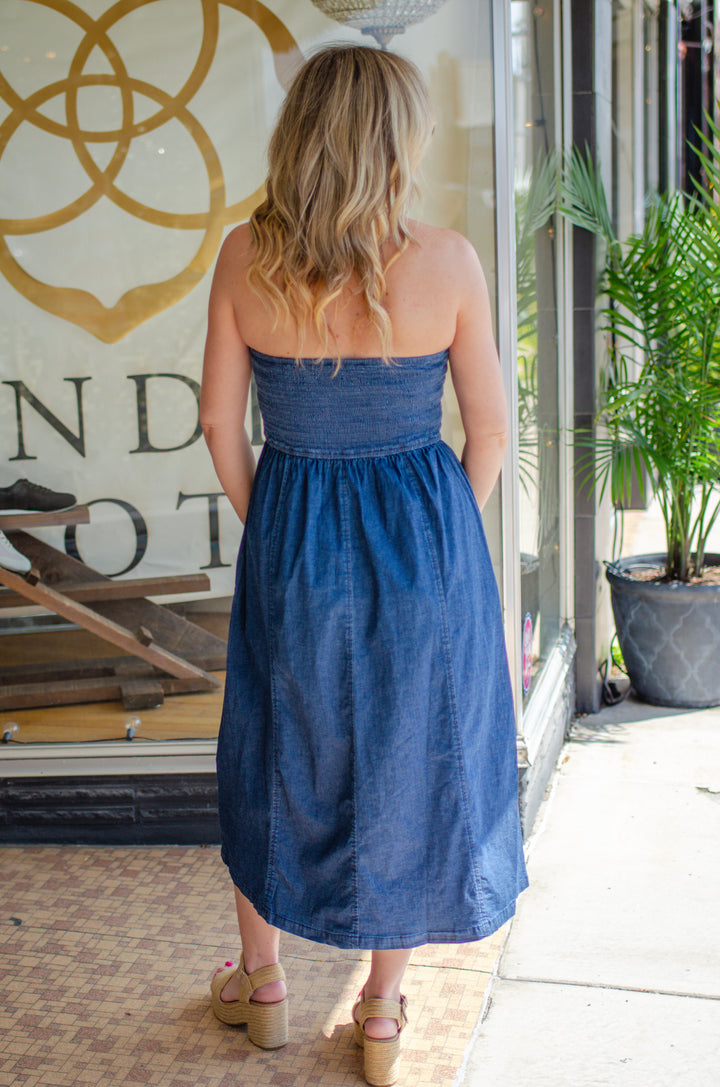 Simply Charmed Denim Strapless Midi Dress in Dark Wash