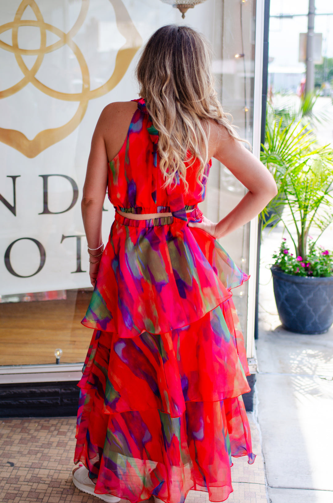 Vibrant Watercolor Tiered Maxi Skirt in Tomato Red