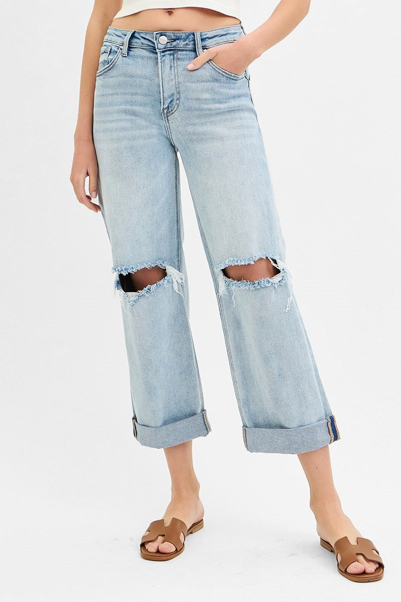 Risen Mid Rise Boyfriend Fit Cut Off Jeans in Light Wash