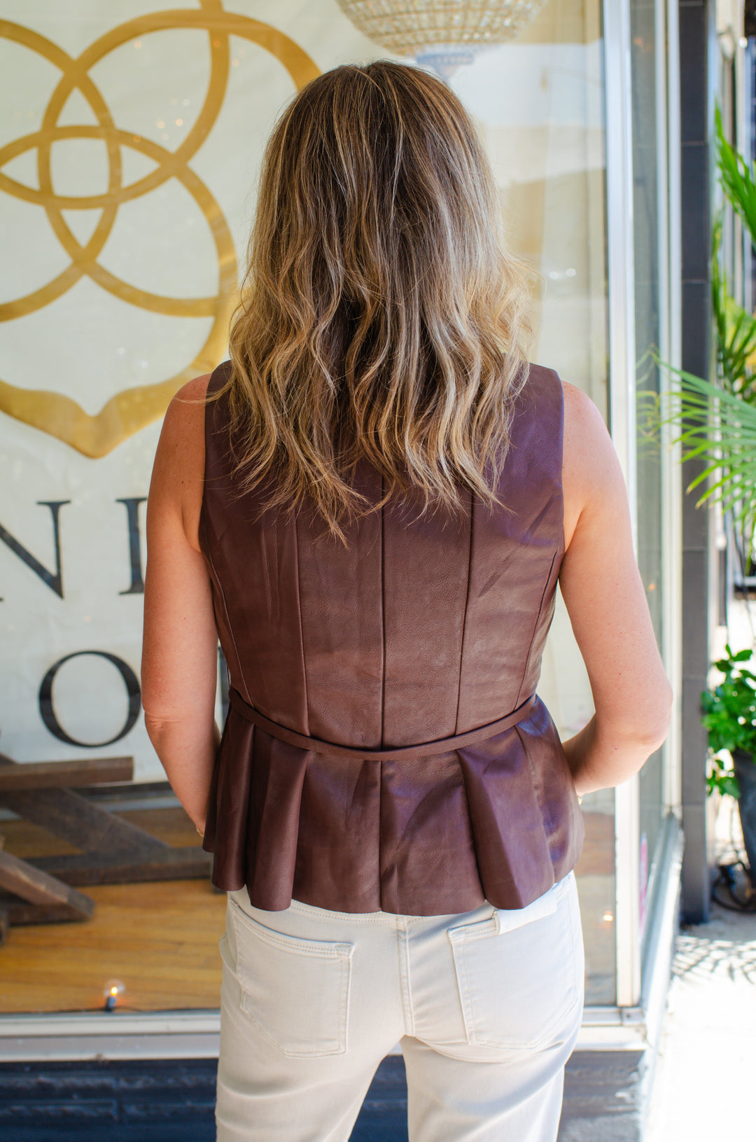 Falling For You Faux Leather Belted Top in Brown