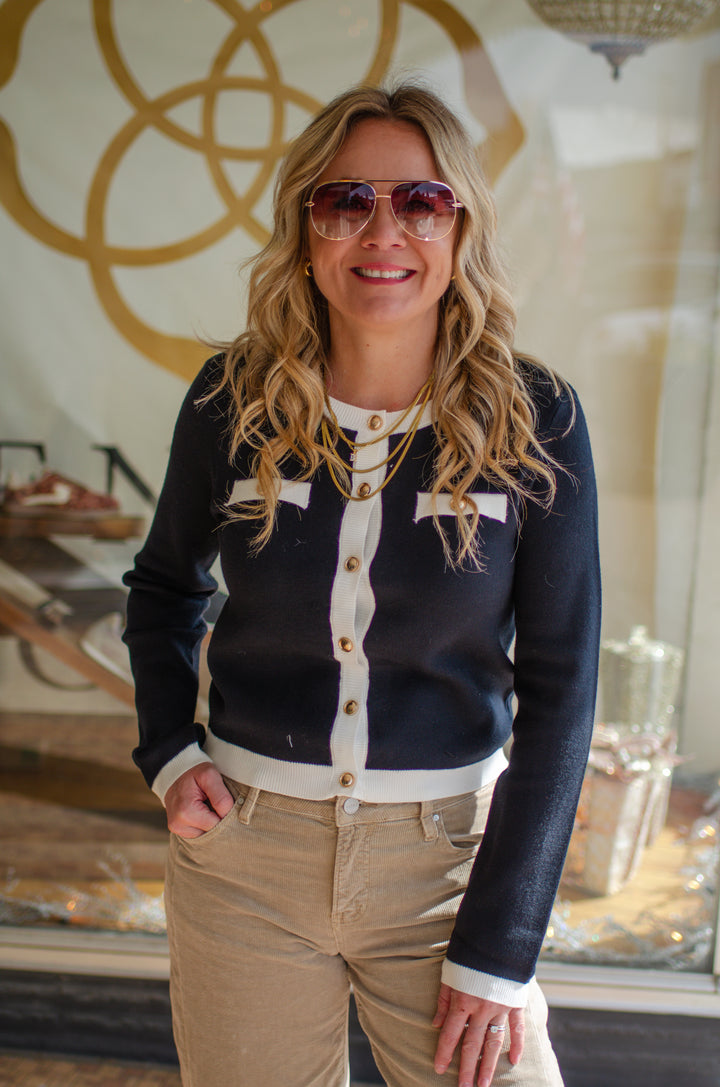 Classic Button Faux Button Down Sweater in Black