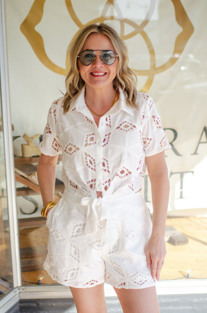 Mykonos Eyelet Cutout High Rise Shorts in White