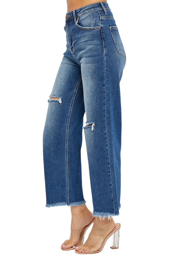 Risen High Rise Frayed Ankle Wide Leg Jeans