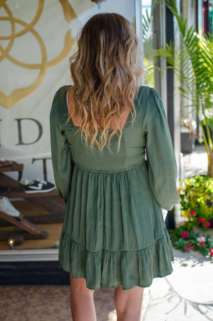 Emerald Wishes Silky Gathered Swing Dress
