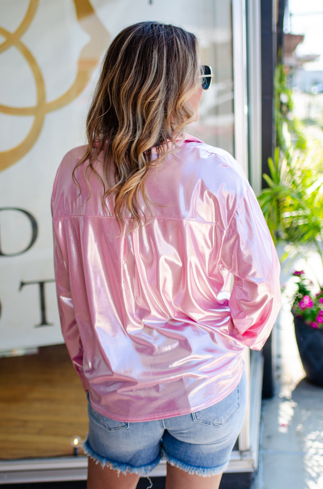 Glam Moment Metallic Button Down Top in Pink