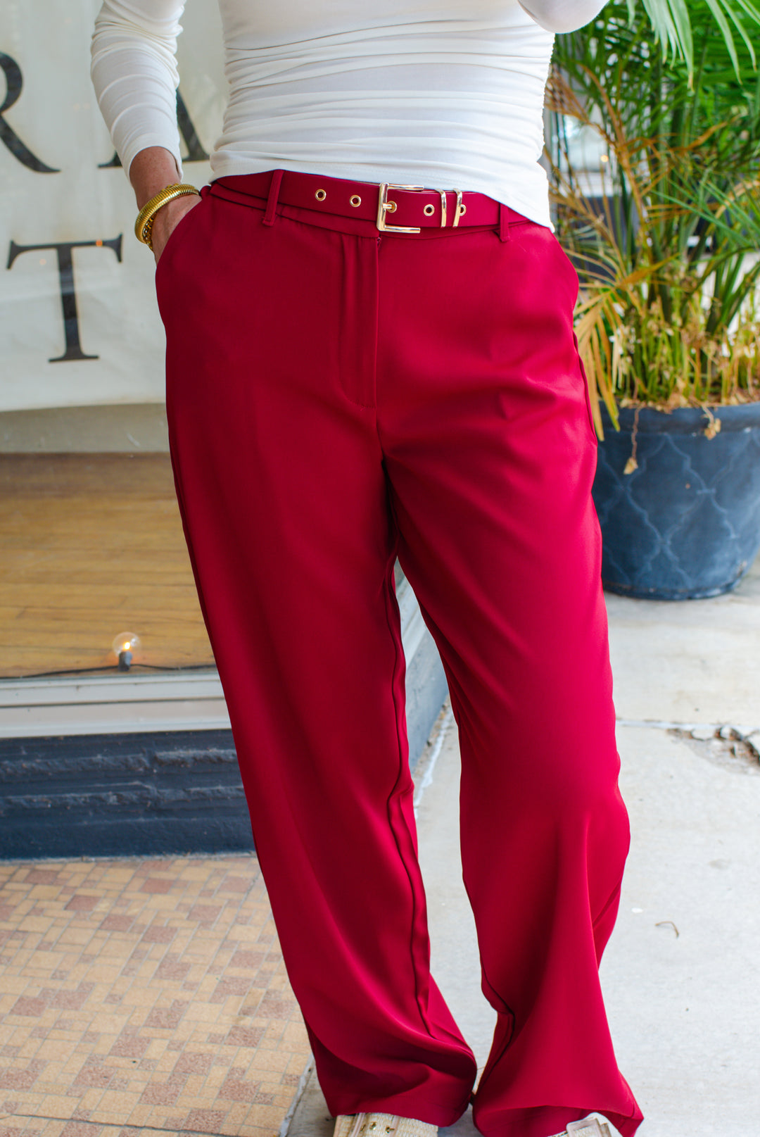 Sophisticated Beauty Belted Wide Leg Trouser Pant in Deep Red