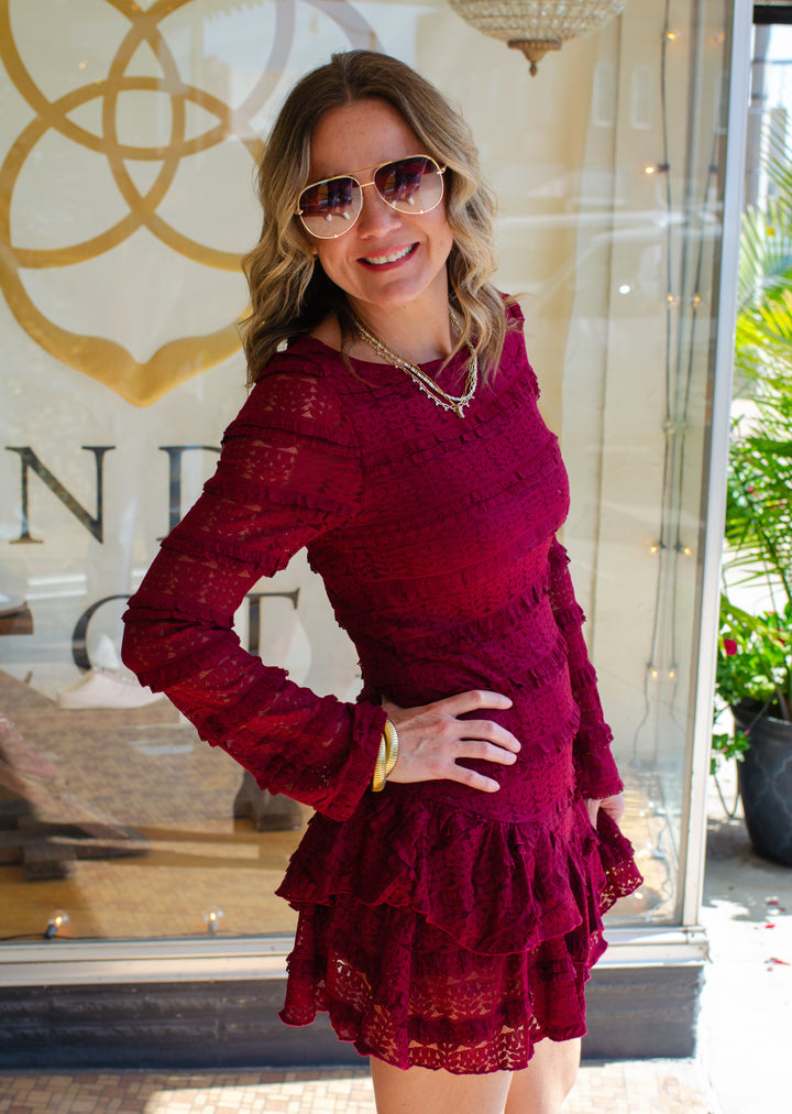 Spin Me Around Burgundy Lace Long Sleeve Dress