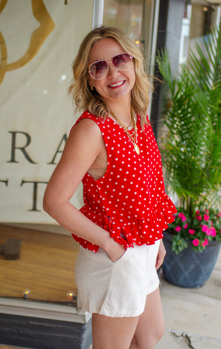 Spot On Red Polka Dot Ruffle Hem Bow Side Tank