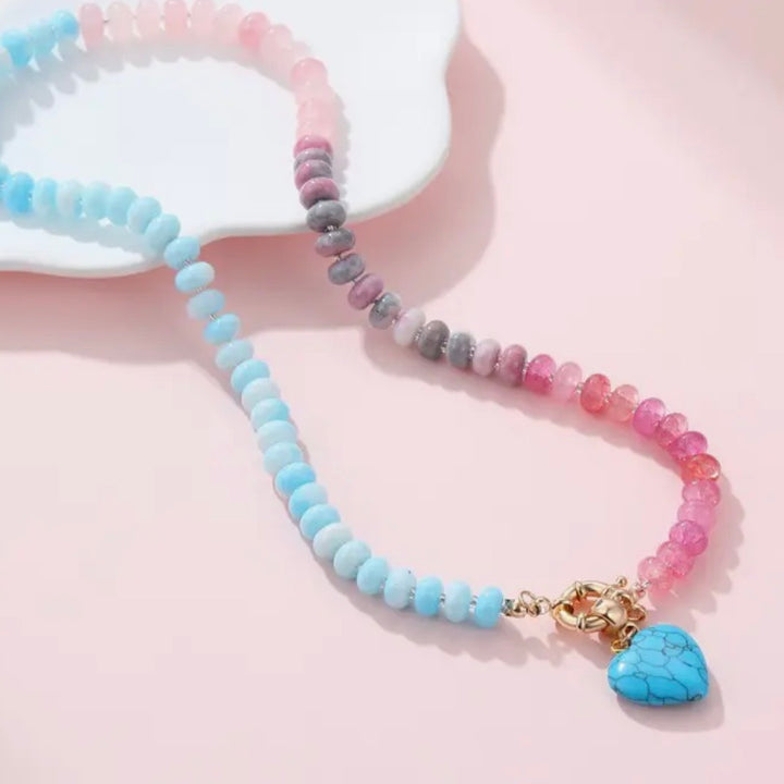 Natural Stone Heart Charm Semi Precious Glass Necklace in Turquoise