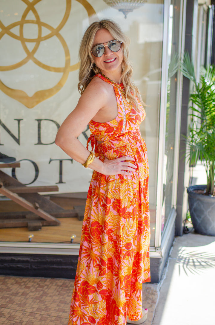 Coastal Sunset Floral Print Halter Maxi Dress