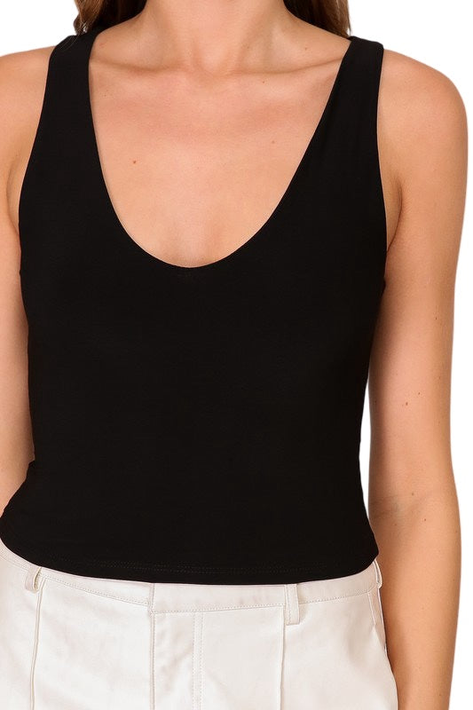 Not So Basic Double Knit V-Neck Tank in Black