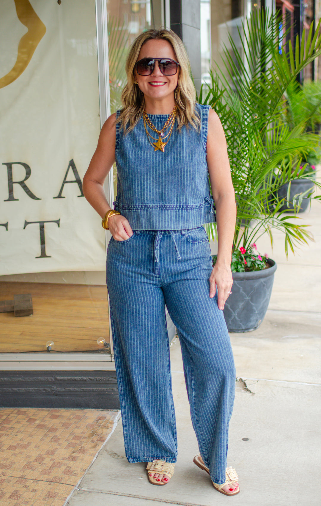 Bold Stripe Denim Pinstripe Sleeveless Top