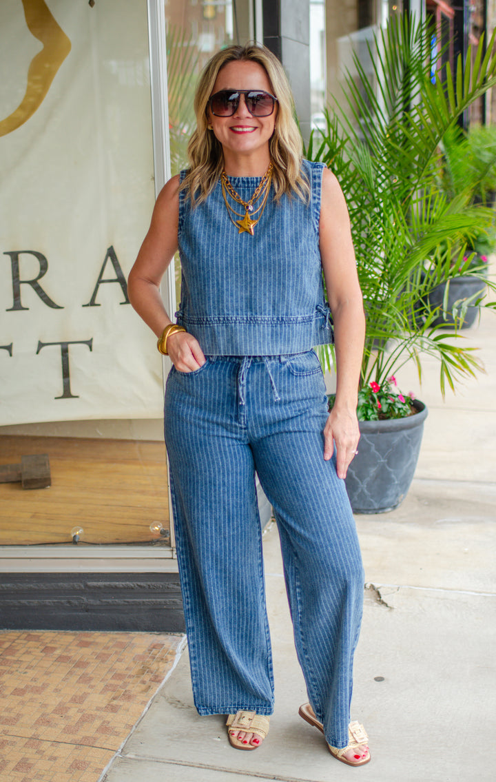 Bold Stripe Denim Pinstripe Sleeveless Top