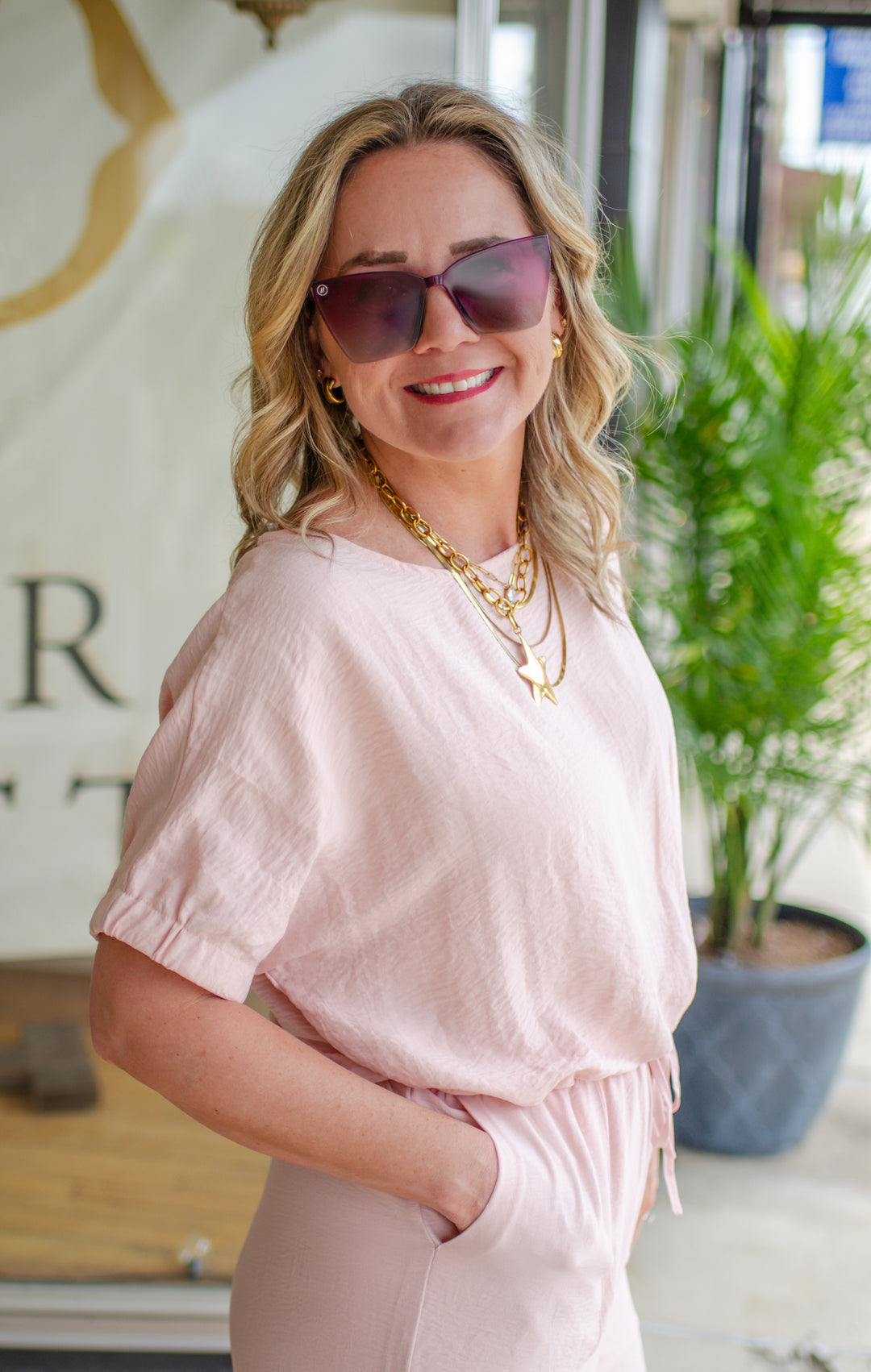 Summer Solstice Dolman Sleeve Bubble Hem Top in Blush