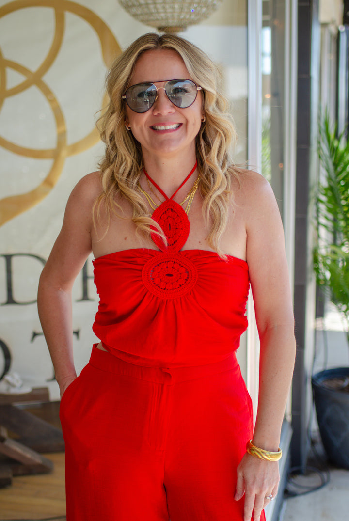 Make Your Move Crochet Halter Bubble Top in Red