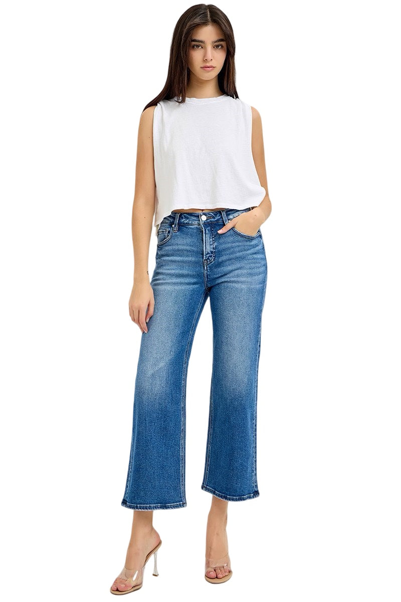 Risen Mid Rise Tummy Control Mid Rise Crop Jeans in Medium Wash