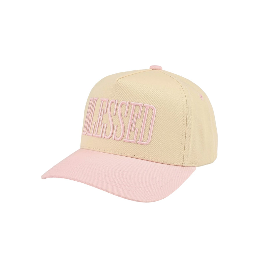 Blessed Embroidered Two-Tone Trucker Hat in Light Pink