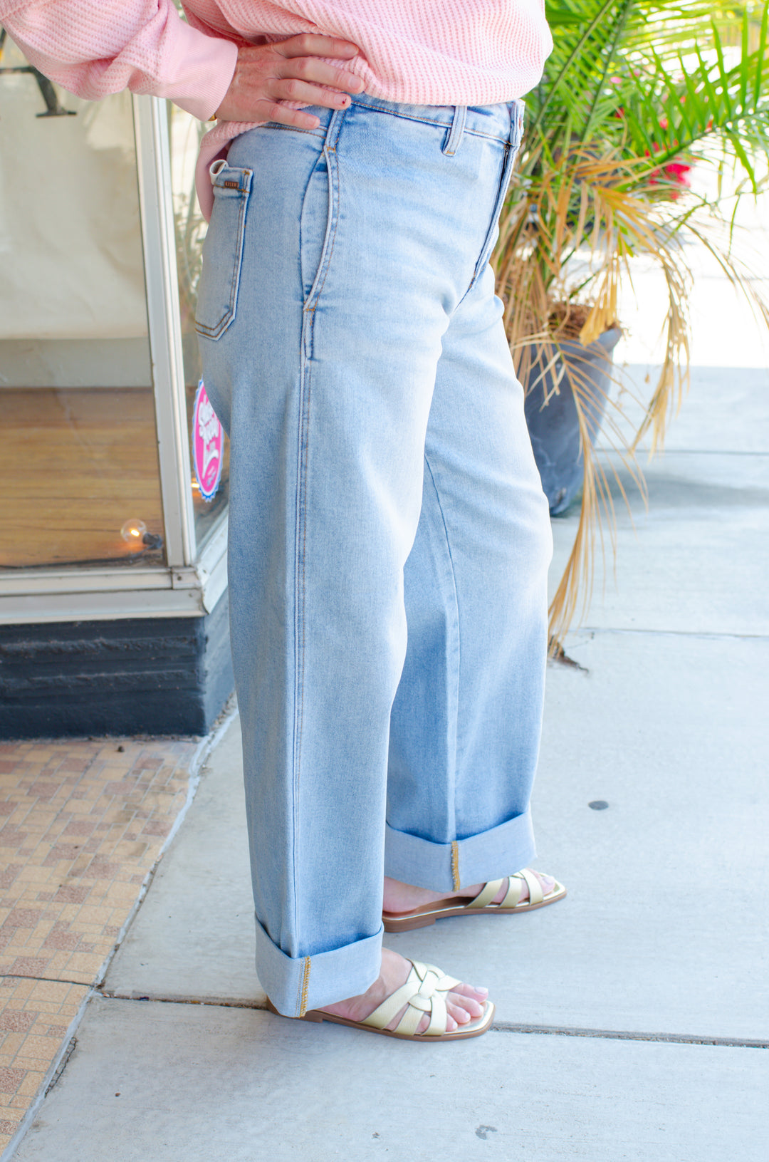 Risen Slouchy Barrel Double Roll Up Jeans in Light Wash