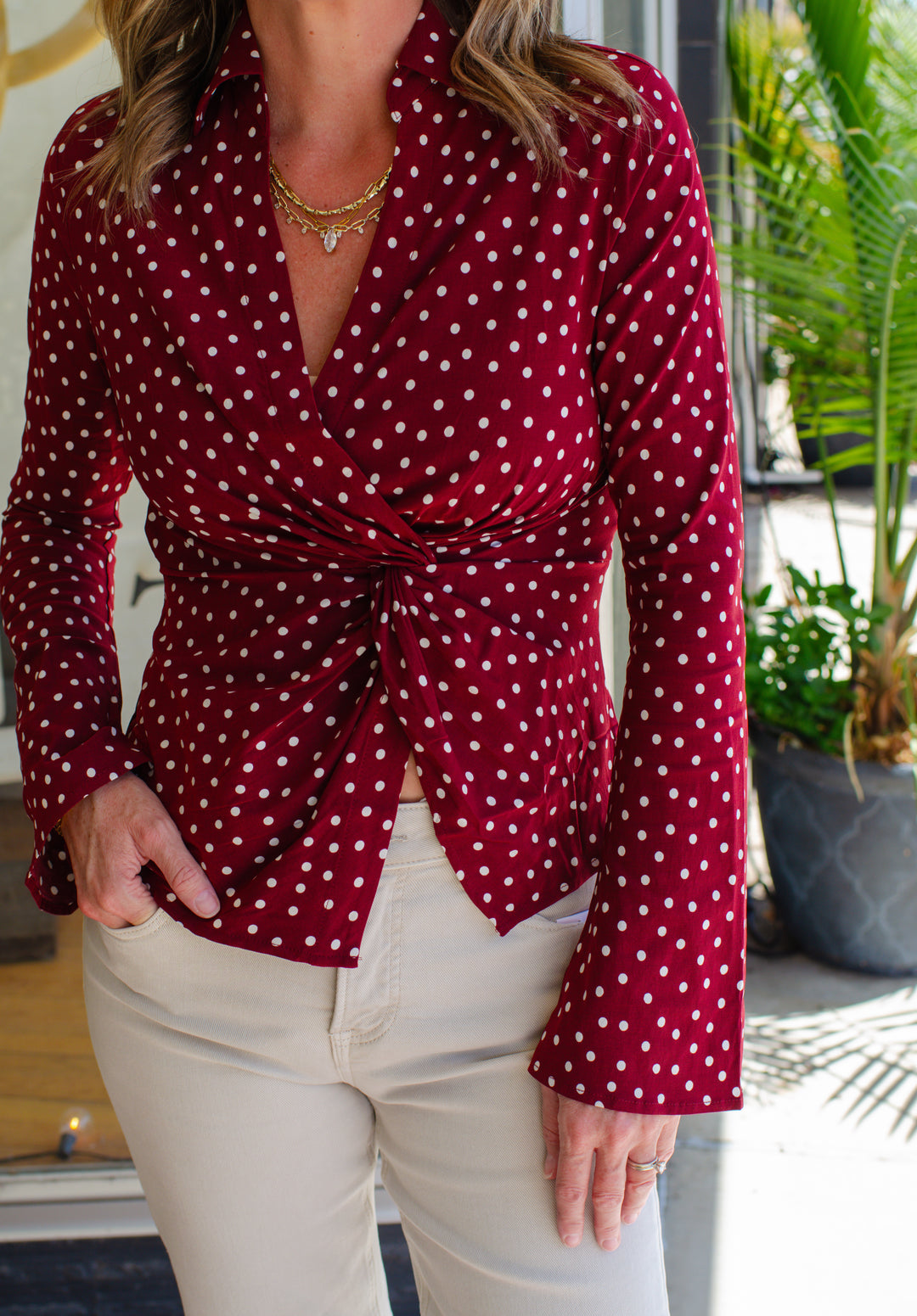 Plot Twist Polka Dot Fitted Knot Top in Burgundy & Off White