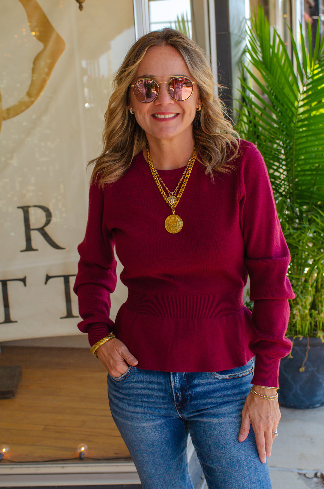 Hold Me Close Fitted Peplum Sweater in Wine