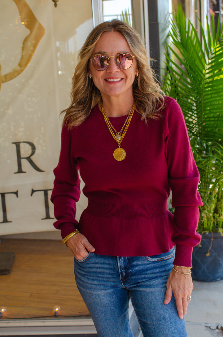 Hold Me Close Fitted Peplum Sweater in Wine