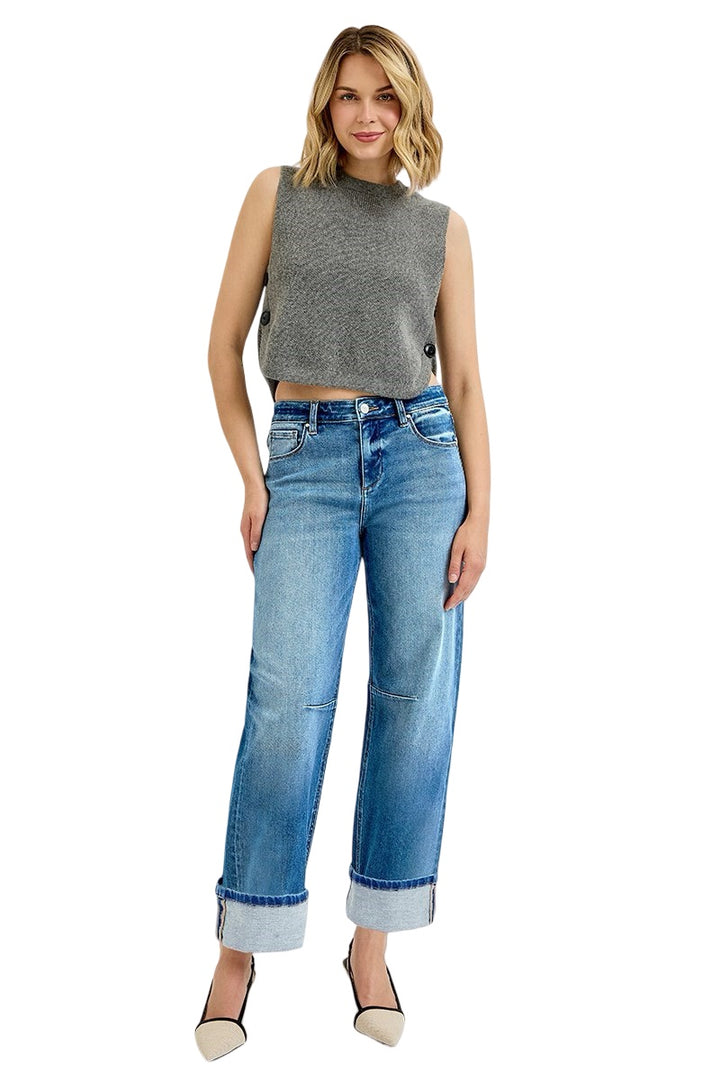 Risen Slouchy Crop Barrel Cuffed Jeans in Medium Wash