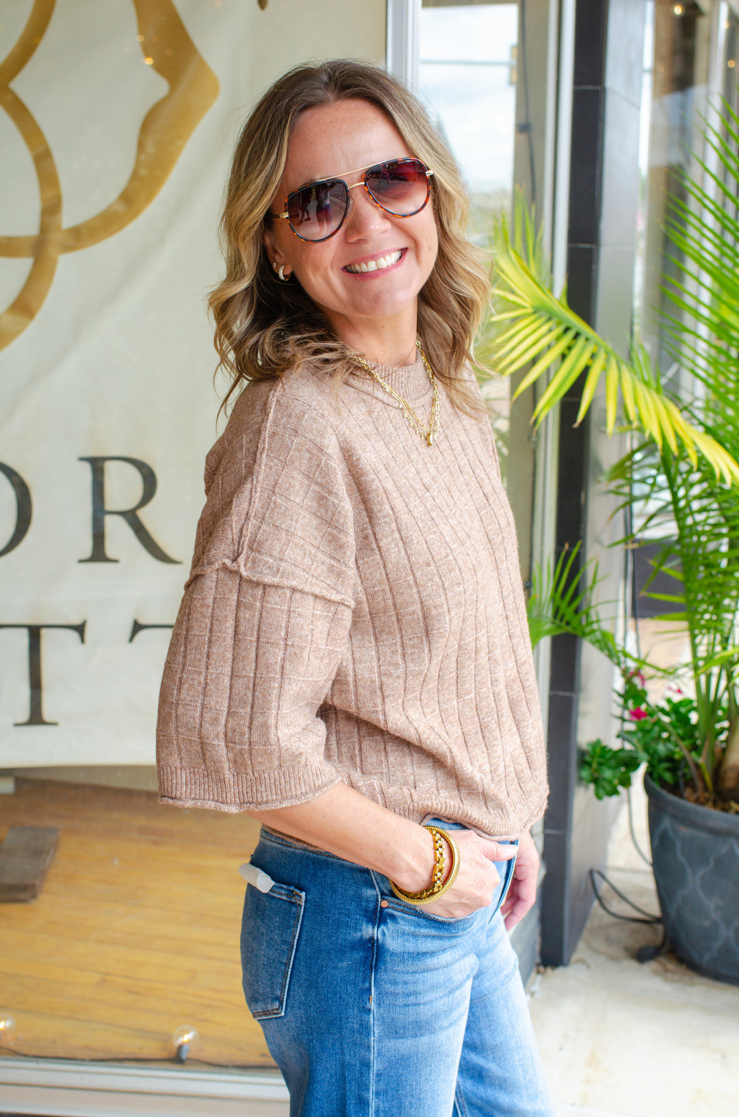 Perfect Fall Short Sleeve Textured Sweater Top in Mocha